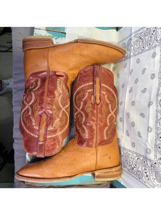 Texas Town Tan Smooth Tan/Red Leather Inlay Mens Square Toe Boots Sz 31/12